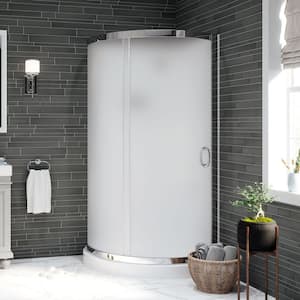 Breeze 40 in. L x 40 in. W x 77 in. H Corner Shower Kit with Frosted Sliding Door in Chrome, Shower Pan, and Walls