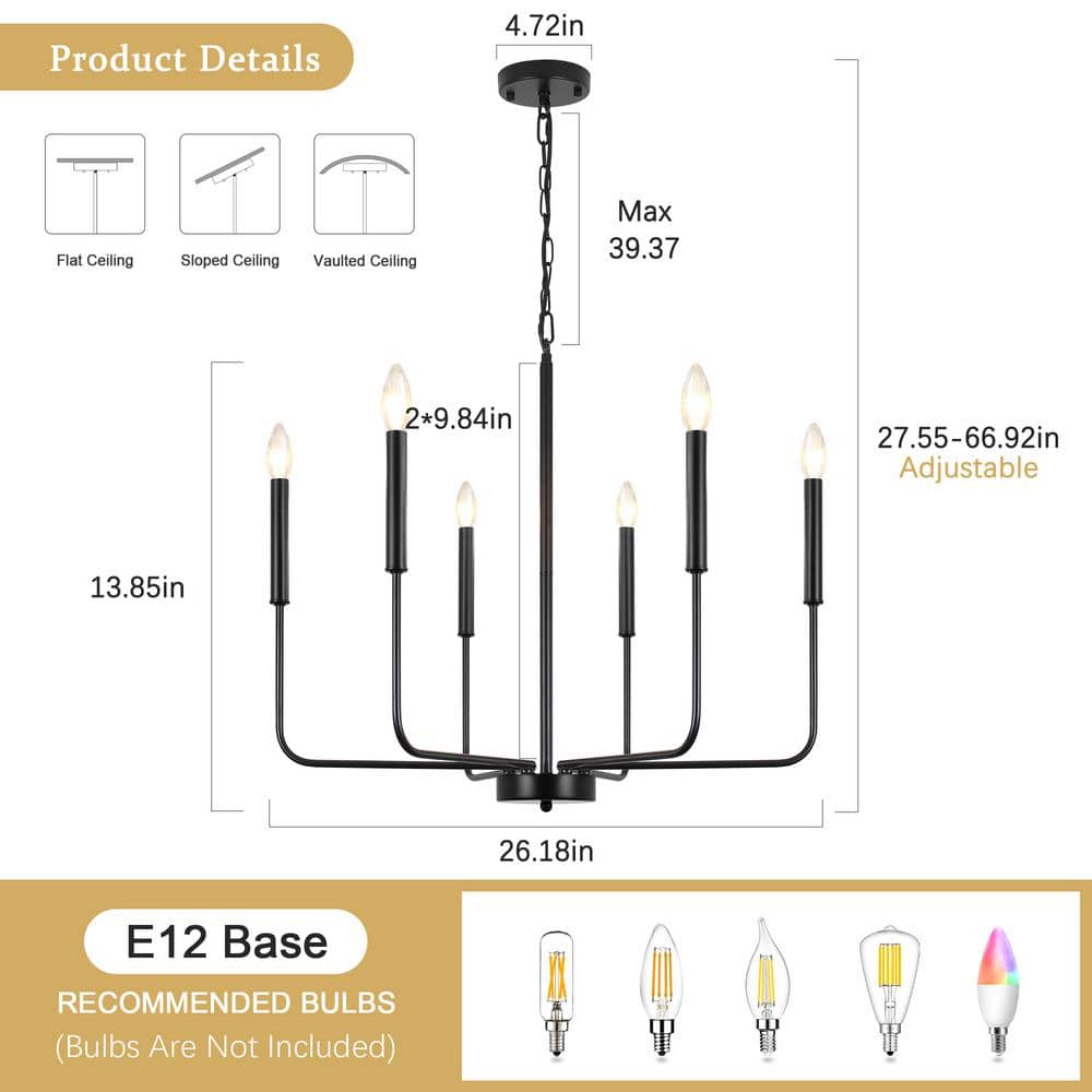 Matte Black 6-Light Metal Candle Chandelier