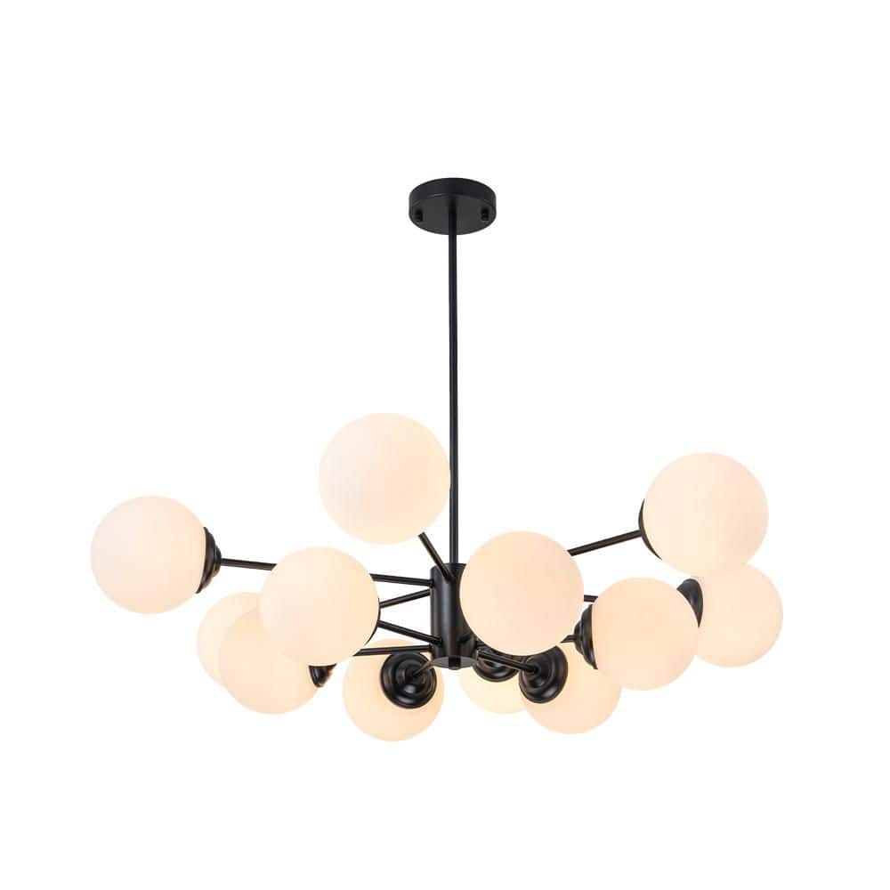 Orlena 12-Light Mid-Century Modern Matte Black Sputnik Chandelier with Frosted Opal Glass Globes Shades price history on PriceWatchPro