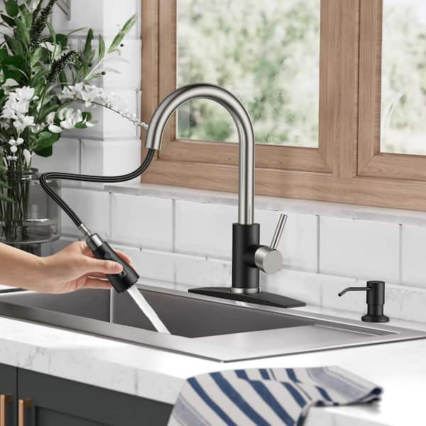 Single-Handle Spring Kitchen Faucet with Pull Down Function Sprayer Kitchen Sink Faucet with Deck Plate in Black Nickel