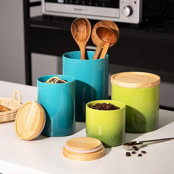 Anqtovp Set of 4 Kitchen Canisters Ceramic Storage Jar with Airtight Seal Wooden Lid for Serving Ground Coffee, Gradient Blue