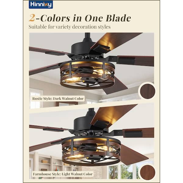 48 in. Indoor Black Farmhouse Dual Finish 5 Blades 6-Speed Rustic Caged Ceiling Fan with Light Kit and Remote Control