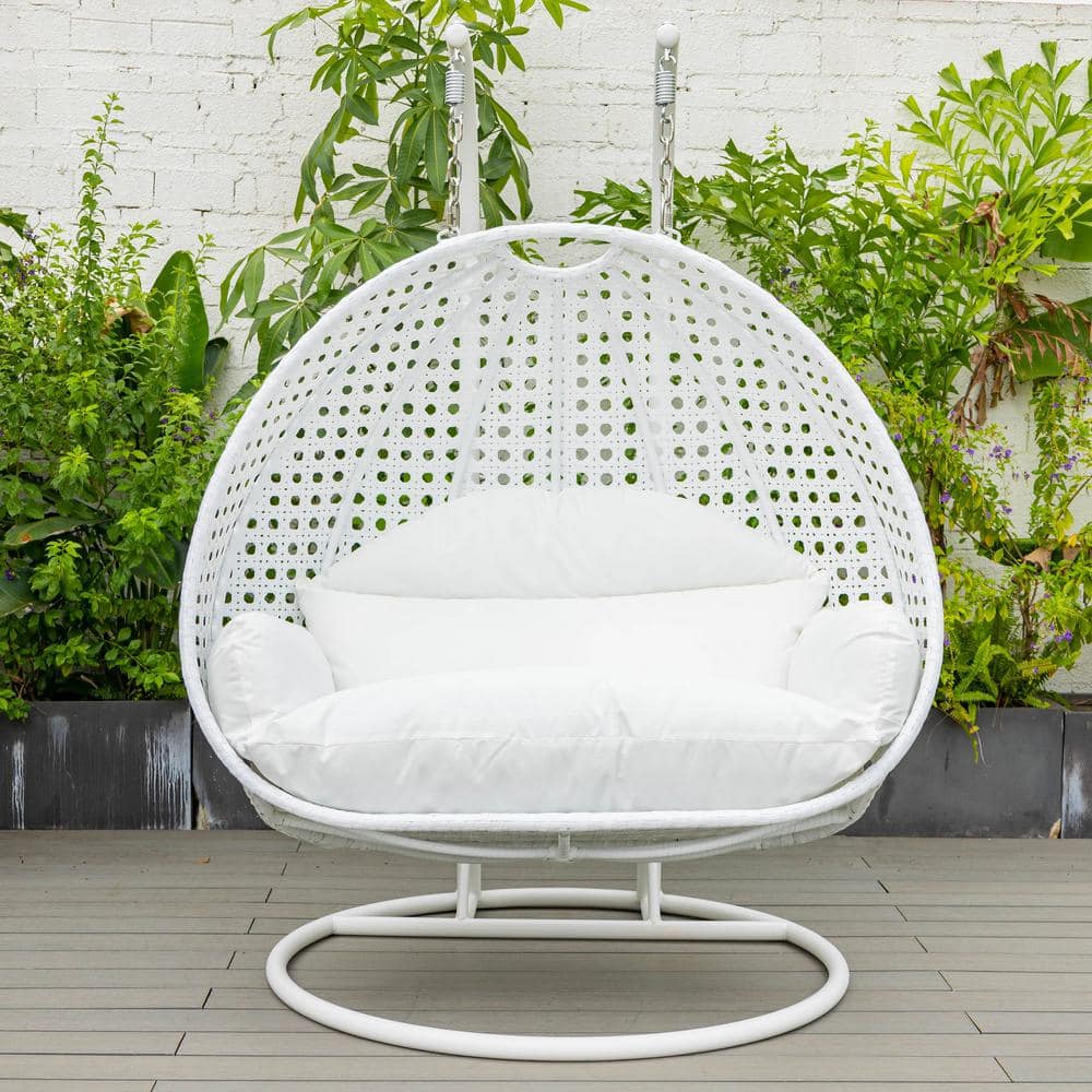 White Wicker Hanging Double Seater Egg Swing Chair with Cushions