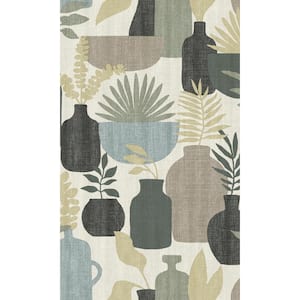 White/Sage Vases with Plants Retro Print Non-Woven Non-Pasted Textured Wallpaper 57 sq. ft.