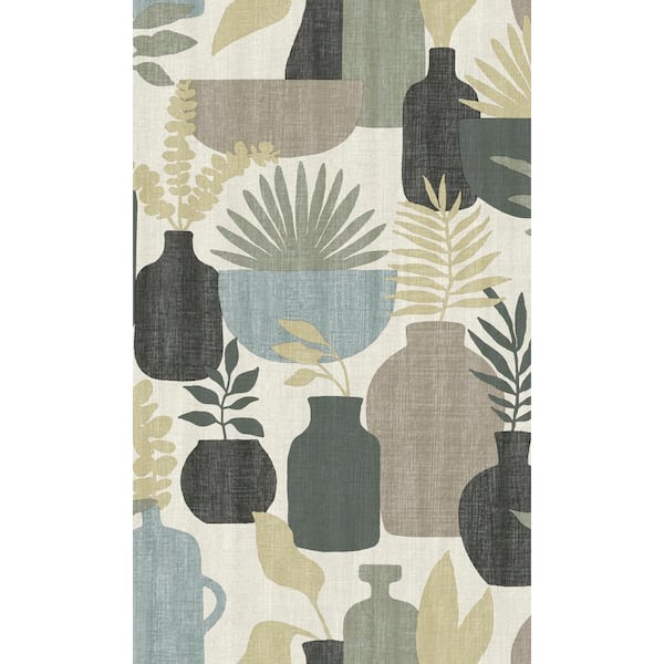 Walls Republic White/Sage Vases with Plants Retro Print Non-Woven Non-Pasted Textured Wallpaper 57 sq. ft.