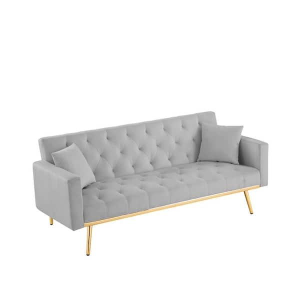 Gray 73.2 in. Upholstered Sleeper Sofa Velvet Futon Sofa Bed, 3-Seater Button Tufted with 2-Pillows Gold Metal Legs