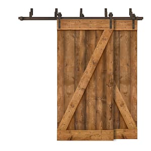 64 in. x 84 in. Z-Bar Bypass Walnut Stained DIY Solid Knotty Wood Interior Double Sliding Barn Door with Hardware Kit