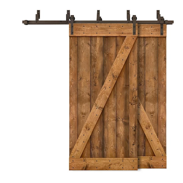 CALHOME 92 in. x 84 in. Z-Bar Bypass Walnut Stained DIY Solid Knotty Wood Interior Double Sliding Barn Door with Hardware Kit
