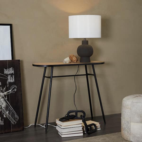 Litton Lane 36 in. Black Large Rectangle Metal Console Table with Brown Wood Top