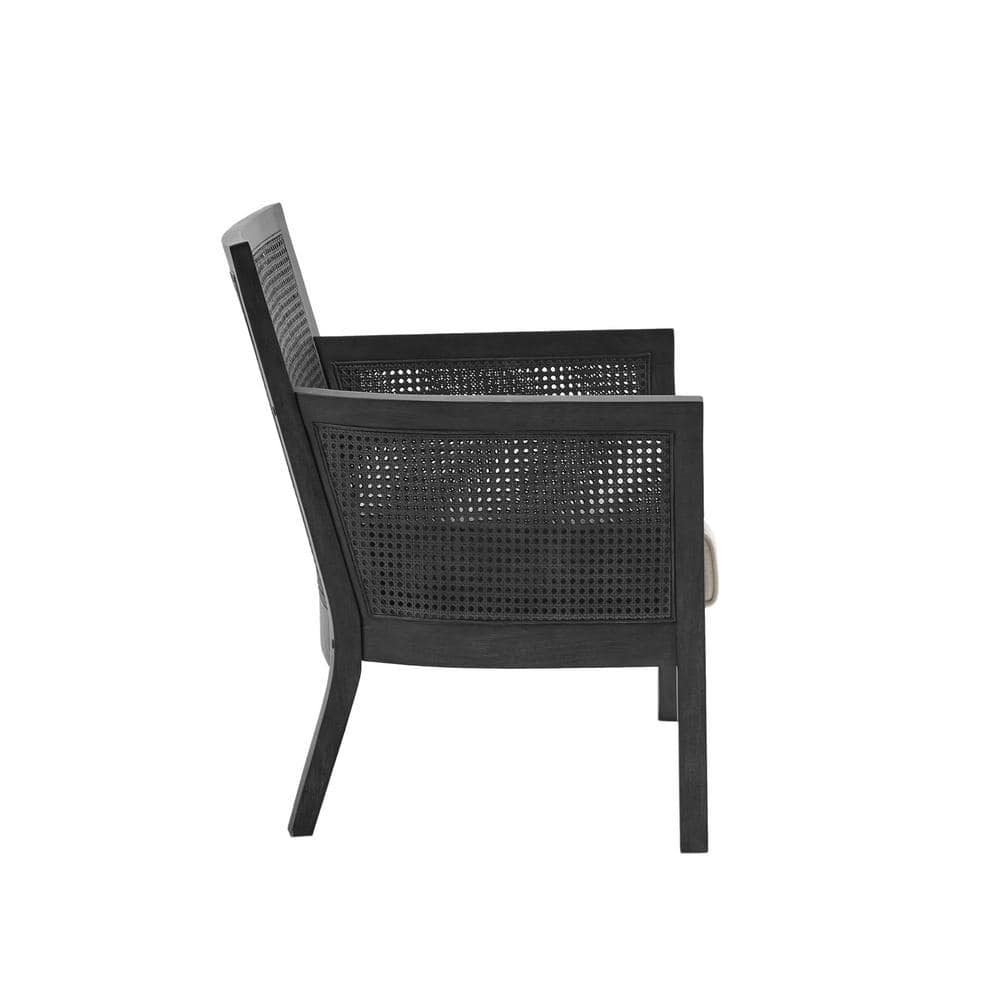 Black Cane and Beige Upholstered Accent Chair with Dark Wood Frame