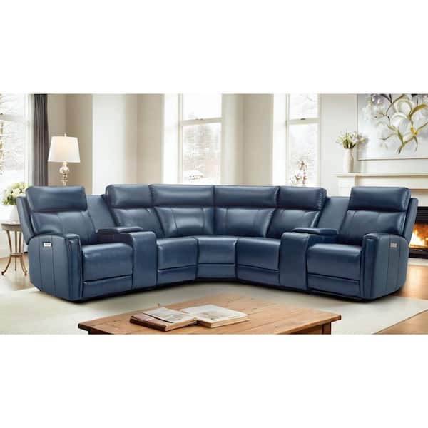 Ellesophas Rhett 116 in. Genuine Leather Power Recliner Sectional Sofa with Zero Gravity, USB&USB-C Port, 2 Consoles in. DarkBlue