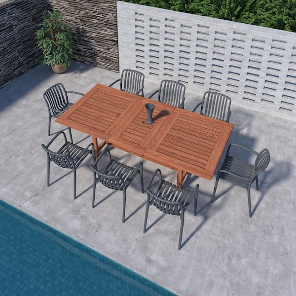 Amazonia Havelock 9-Piece Dark Teak Finish Wood 100% FSC Rectangular Patio Dining Set Grey