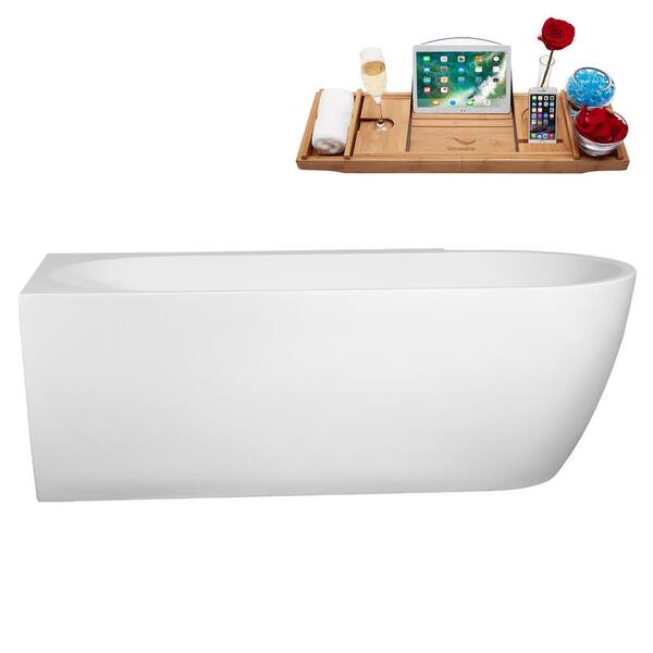 Streamline 65 in. x 31 in. Acrylic Freestanding Soaking Bathtub in Glossy White with Matte Oil Rubbed Bronze Drain, Bamboo Tray