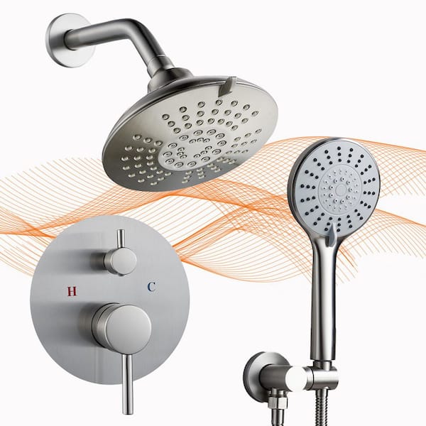 Rainfall 6-Spray Square Modern Shower System Shower Head with Handheld in Brushed Nickel (Valve Included)