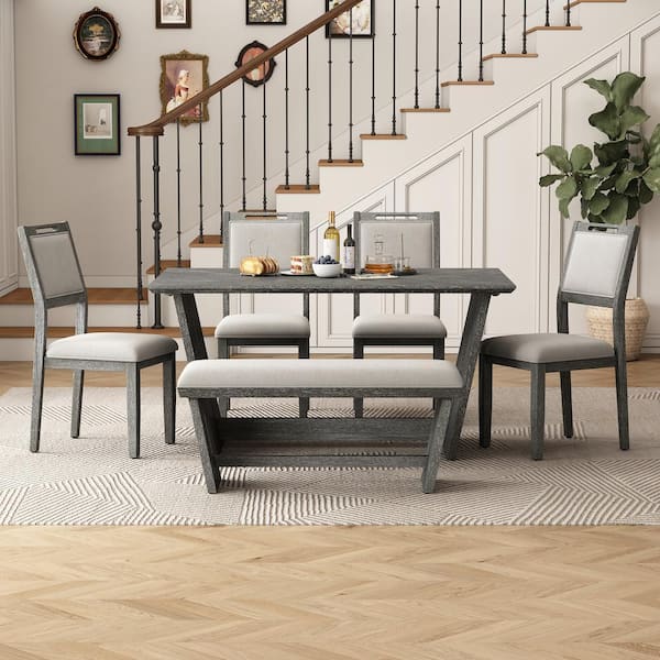 Qualler 6-Piece Rectangle Gray MDF Top Dining Table Set Seats 6