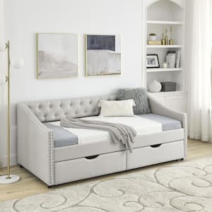 Beige Twin Size Daybed with Drawers Upholstered Tufted Sofa Bed with Button On Back and Copper Nail On Waved Shape Arms