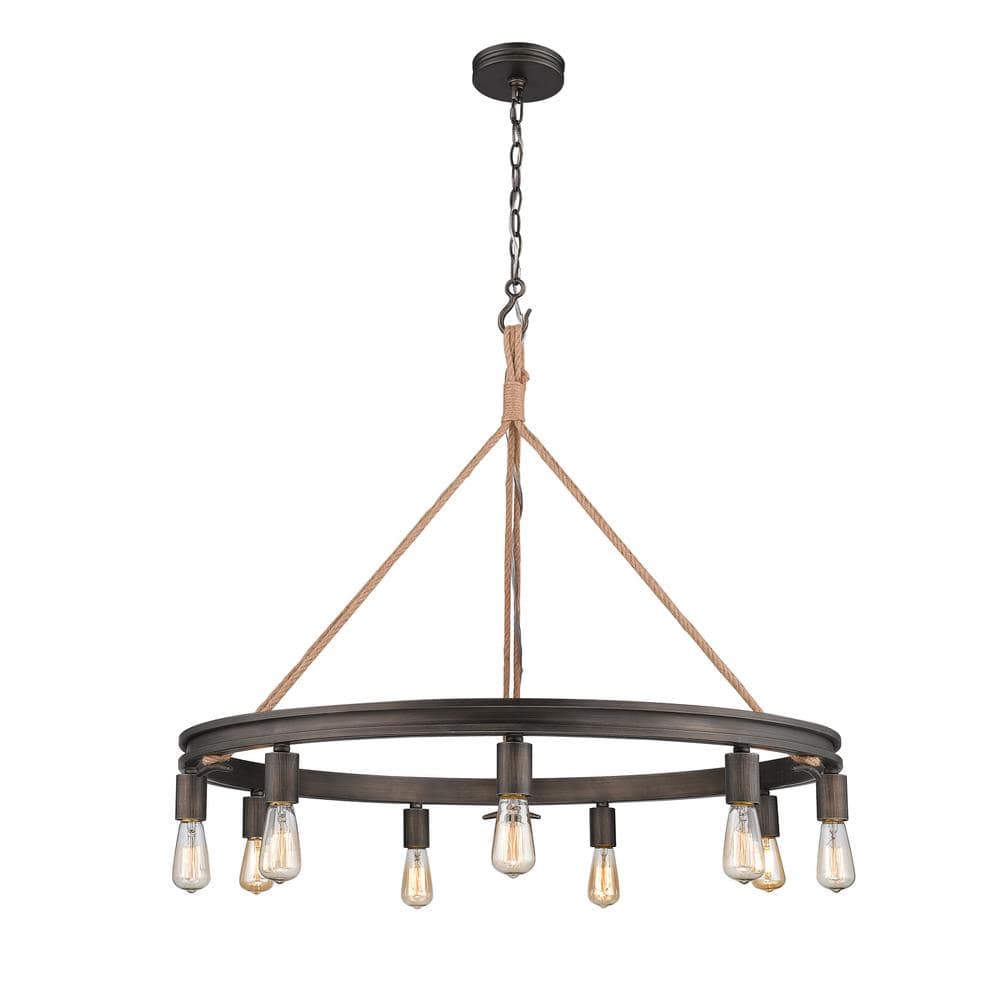 Rustic Gunmetal Bronze 9-Light Chandelier with Nautical Rope