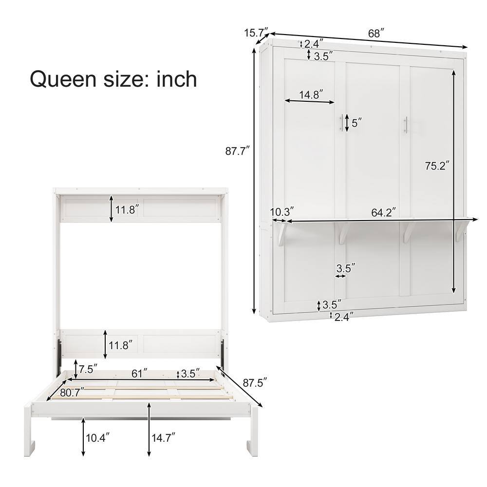 White Wood Frame Full Size Murphy Bed, Folding Wall Bed with Desktop - thumbnail 10