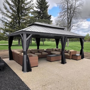 12 ft. x 20 ft. Light Gray Patio Outdoor Gazebo for Backyard Hardtop Galvanized Steel Frame with Netting and Curtain