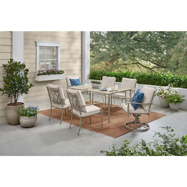 Hampton Bay Rosehill 7-Piece Mushroon Steel Outdoor Patio Dining Set with CushionGuard Almond Biscotti Cushions
