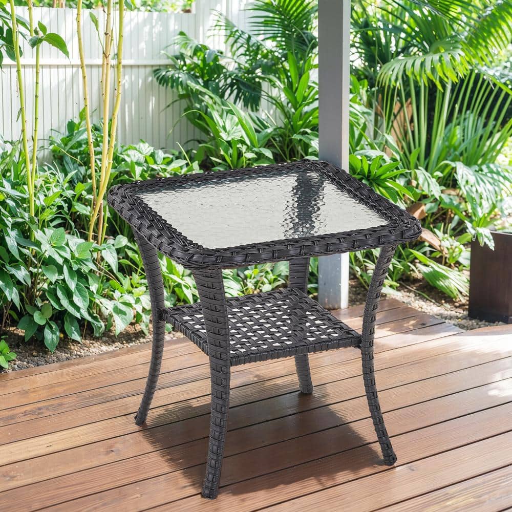 Rotavia Black Square Patio Wicker Rattan Side Table Outdoor Tempered Glass Top Outdoor End Table with Storage price history on PriceWatchPro