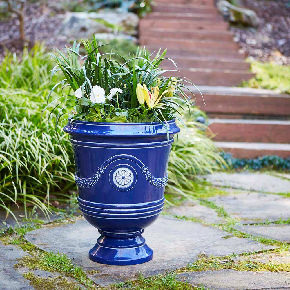 Classical Navy Resin Urn Planter with Molded Floral Details