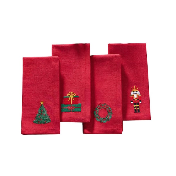Threadmade Home Holiday Embroidered Napkins, Set of 4, Red - 17"W x 17"L