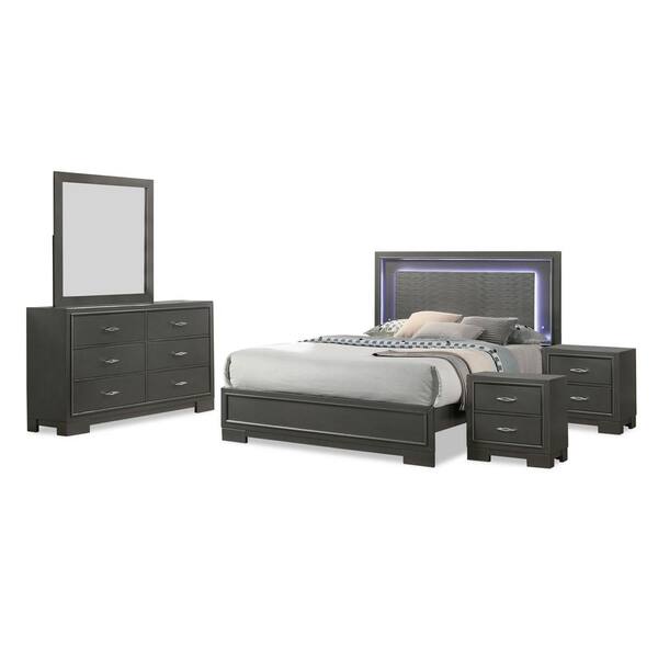 Jonvang 5-Piece LED Headboard Metallic Gray Wood Queen Bedroom Set with Care Kit, 2-Nightstands and Dresser/Mirror