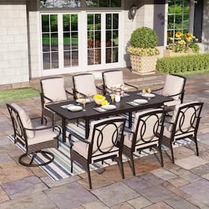 9-Piece Metal Patio Outdoor Dining Set with Extendable Rectangle Table and Stationary Chairs with Beige Cushions