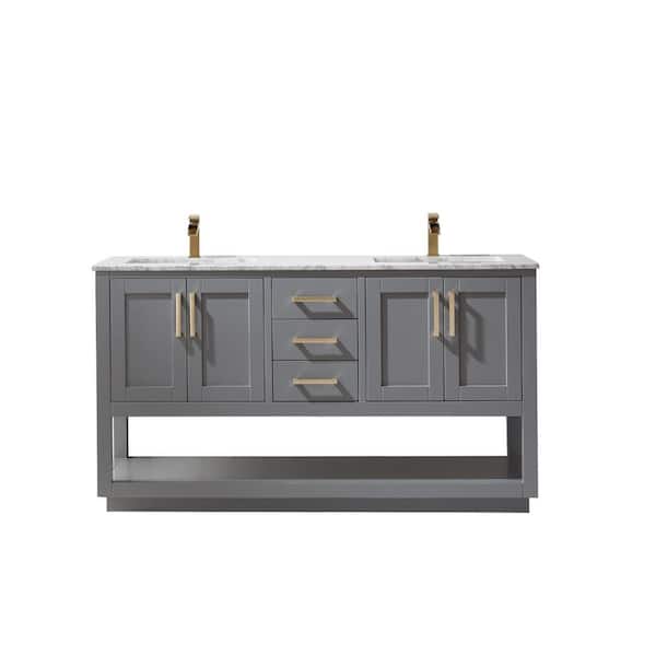 Altair Remi 60 in. Bath Vanity in Gray with Carrara Marble Vanity Top in White with White Basins