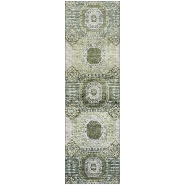 Mayfield Premium Machine Washable Abstract AMF1926 Olive 2 ft. x 7 ft. Runner Rug