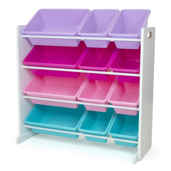 Basics Kids Toy Storage Organizer with 12 Plastic Bins, White Wood with Pink Bins, 10.9 D x 33.6 W x 31.1 H