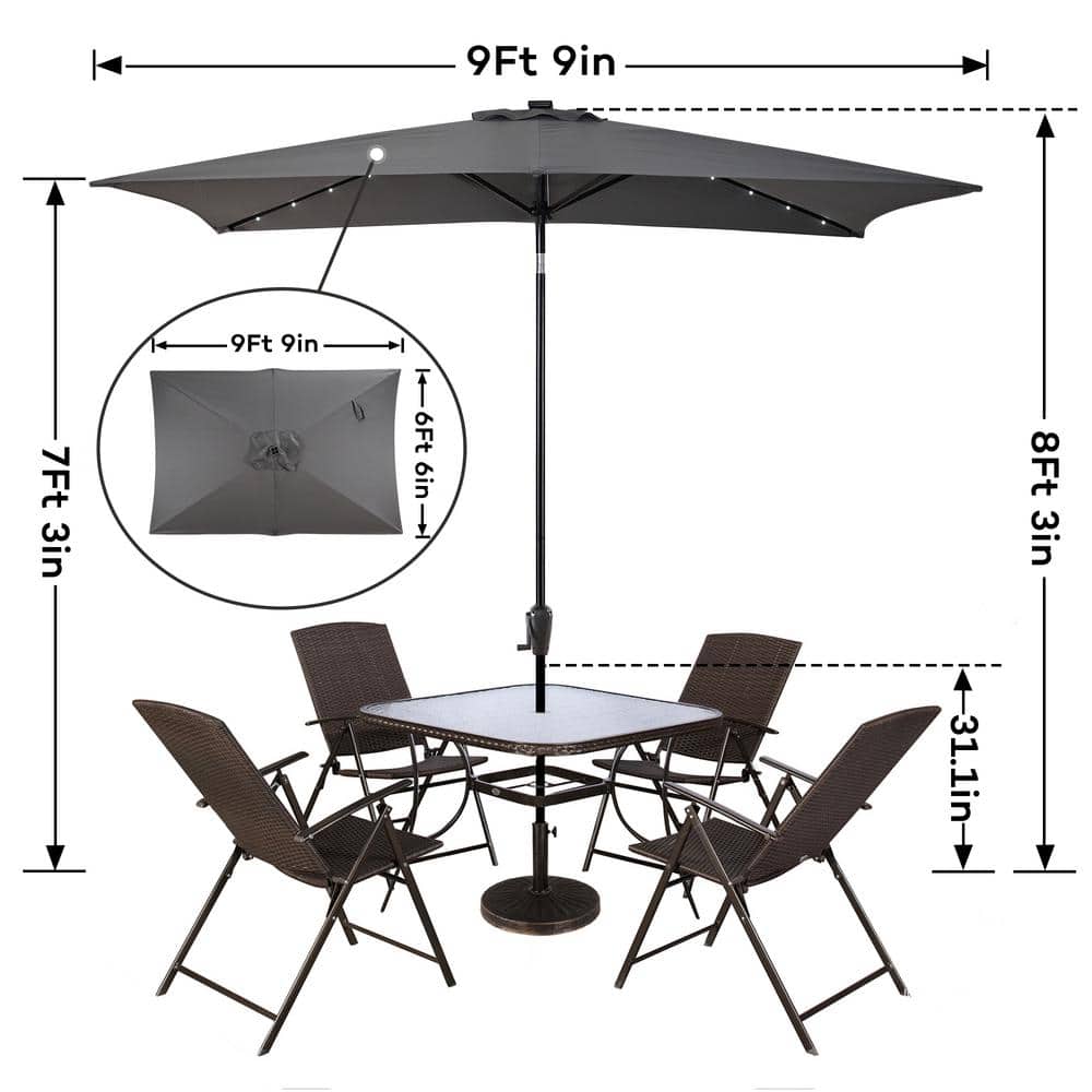 Gray Rectangular Steel Solar LED Patio Umbrella with Hand Crank