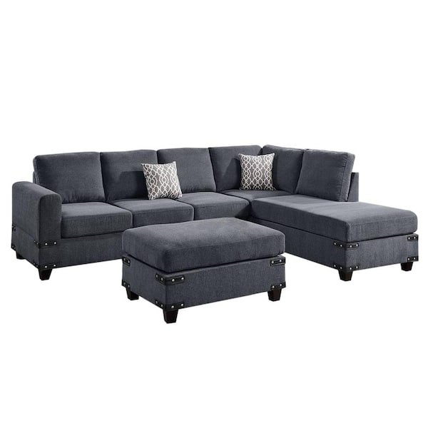Venetian Worldwide John Wells 3-Piece Dark Gray Chenille Fabric 4-Seater Reversible L-Shape Sectional Set with Ottoman