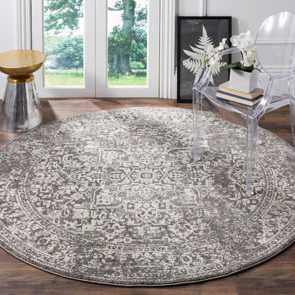 Evoke 10 ft. x 10 ft. Round Gray/Ivory Distressed Border Medallion Area Rug