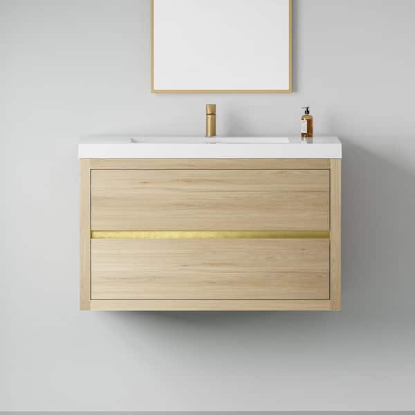 36 in. Wall-Mounted Bath Vanity Floating Bathroom Storage Cabinet in Natural Oak with White Stone Resin Top