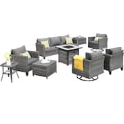 Lake Powell Gray 9-Piece Wicker Patio Conversation Fire Pit Seating Set with Dark Grey Cushions