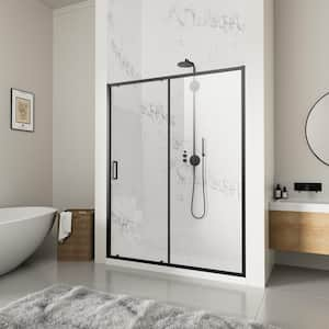 QuickMount 54 in. W x 74 in. H Single Sliding Semi Frameless Shower Door in Matt Black with Clear 1/4 in. Glass