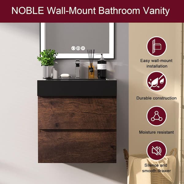 24 in. Wall Mount Modern Single Sink Walnut Bath Vanity with One-Piece Black Solid Surface Top Sink Pre-assembled