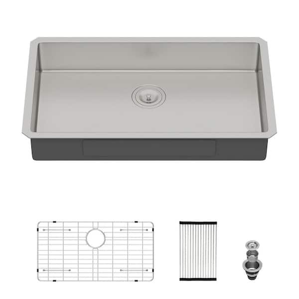 27 in. Undermount Singel Bowl 16 Gauge Brushed Nickel Stainless Steel Kitchen Sink with Drain