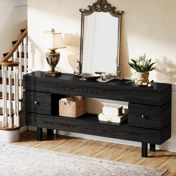 BYBLIGHT Turrella 70.87 in. Black Rectangle Wood Console Table with Drawers for Living Room