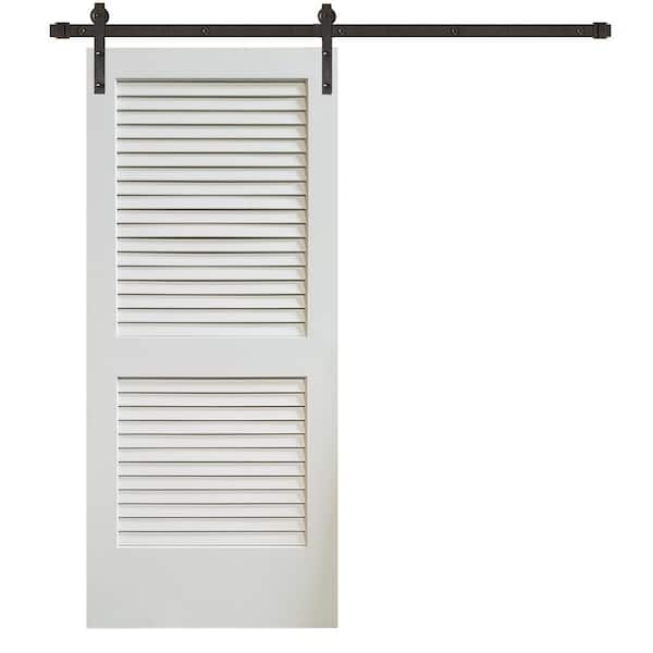 Pacific Entries 36 in. x 84 in. Plantation Louver 2-Panel Primed Wood Barn Door with Sliding Door Hardware Kit