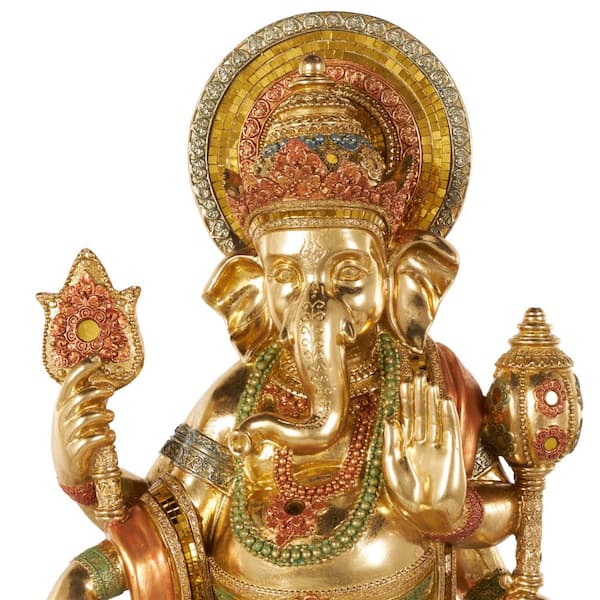 Litton Lane Gold 12 in. x 27 in. Resin Ganesh Sculpture with Green