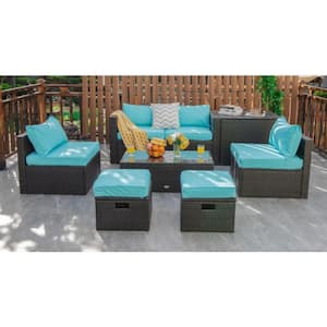 8-Piece Wicker Patio Conversation Space-Saving Set with Turquoise Cushions, Storage Box and Waterproof Cover