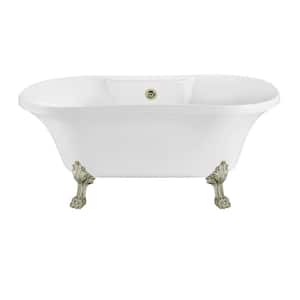 60 in. Acrylic Clawfoot Non-Whirlpool Bathtub in Glossy White With Brushed Nickel Clawfeet And Brushed Nickel Drain