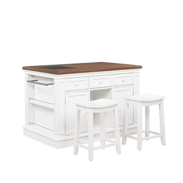 Hazel White Wood 55 in. Kitchen Island with Stools, Storage
