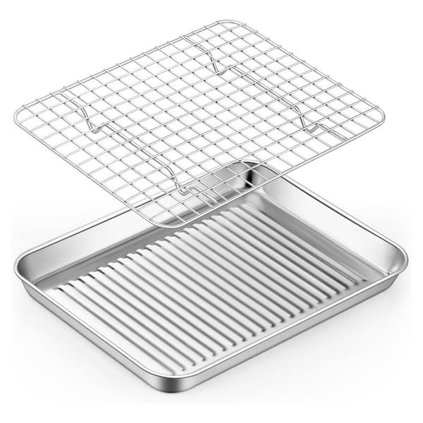 Stainless Steel Corrugated Silver Toaster Oven Pan and Grid Cooling Rack Set, Healthy Nonstick, 1 Set