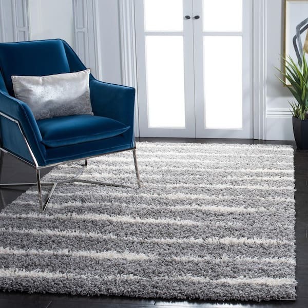 Venus Shag 11 ft. x 15 ft. Gray/Ivory Solid Color Striped Area Rug