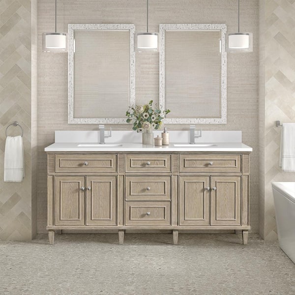 James Martin Vanities Lorelai 72.0 in. W x 23.5 in. D x 34.06 in. H Double Sink Bathroom Vanity in Whitewashed Oak with White Zeus Quartz Top