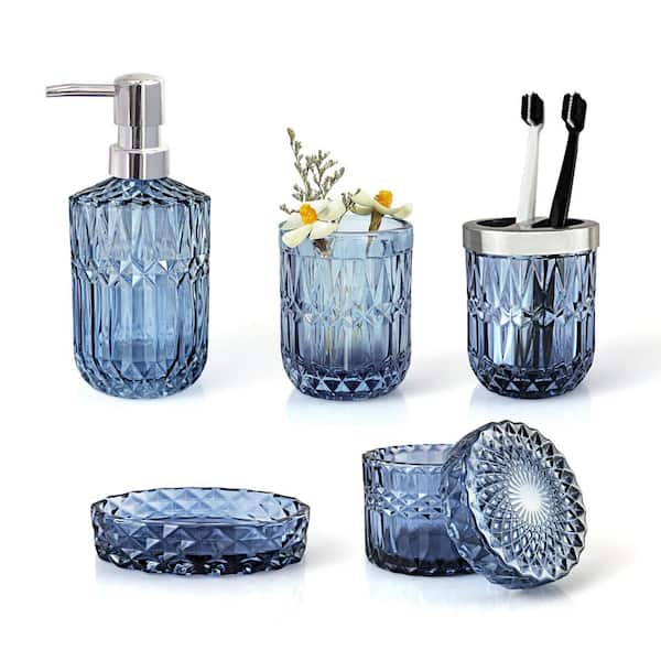 Elegant 5-Piece Bath Accessory Set with Soap Dispenser and Jars, Smooth Glass Surface, Effortless to Clean, in Blue